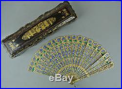 Exquiste Large 19th C. Century Chinese Gilt Silver Filigree Enamel With Box Fan
