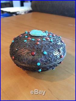 Extremely Fine Chinese Silver Inlade With Jade, Coral & Turquoise Gold Wash Box