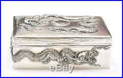Early 20C Chinese Export Sterling Silver Repousse Dragon Box Marked 304 Gram