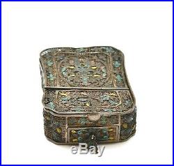 Early 20C Chinese Sterling Silver Enamel Filigree Vanity Compact Mirror Box