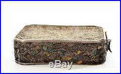 Early 20C Chinese Sterling Silver Enamel Filigree Vanity Compact Mirror Box