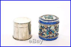Early 20th Century Chinese Silver Enamel Pill Smoke Pipe Box Calligraphy Marked