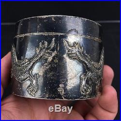 Elegant Antique Chinese Export Sterling Silver Trinket Box with Dragons by WH