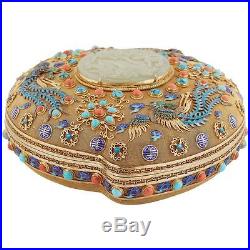 Exceptional Chinese Silver Gilt Filigree Box and Cover with Jade and Enamel