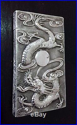 Explendid CHINESE STERLING SILVER CARD CASE Dragon Bamboo Bird Butterfly Marked