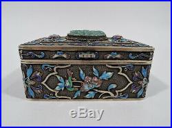 Export Box Antique Asian Filigree Chinese Silver Gilt Enamel Jade C 1910