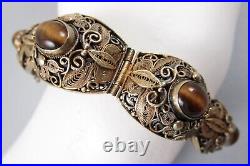 Exquisite Chinese Export Filigree Sterling Silver Tiger's Eye Bracelet