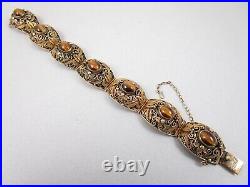 Exquisite Chinese Export Filigree Sterling Silver Tiger's Eye Bracelet