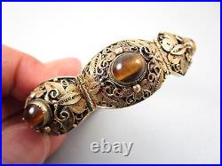 Exquisite Chinese Export Filigree Sterling Silver Tiger's Eye Bracelet