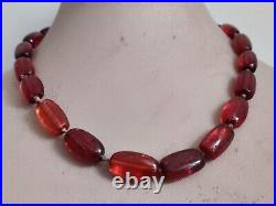 Exquisite Old Natural Amber Necklace Cognac Tone Chinese Export Silver Clasp