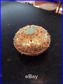 Extremely Fine Chinese Silver Inlaid With Jade, Coral & Turquoise Gold Wash Box
