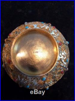 Extremely Fine Chinese Silver Inlaid With Jade, Coral & Turquoise Gold Wash Box