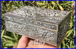 FINE 1890's CHINESE EXPORT LUEN WO STERLING SILVER FLORAL REPOUSSE CIGAR BOX