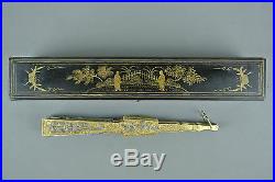Fine 19th C. Century Chinese Gilt Silver Filigree Enamel Quality With Box Fan