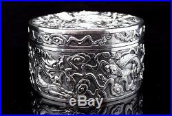Fine Antique Chinese Export Silver Circular Box & Cover Wang Hing