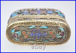 FINE Antique CHINESE Republic SILVER GILT Enamel BATS Shou Filigree OPIUM BOX