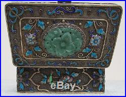 Fine Chinese Jade & Gold Gilt Silver Cloisonné Enamel Birds Flowers Trinket Box