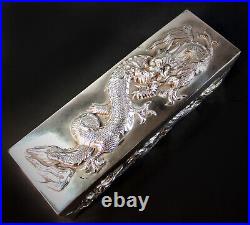 FINE QUALITY CHINESE HM SILVER TRINKET / RING BOX with SUPERB REPOUSSE DRAGONS