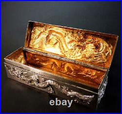 FINE QUALITY CHINESE HM SILVER TRINKET / RING BOX with SUPERB REPOUSSE DRAGONS