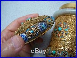 Fantastic Chinese gold gilt silver covered tea cannister jadeite bracelet mount
