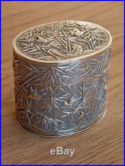 Fine 19THC Chinese Export Silver Tea Caddy decorated with birds and bamboo