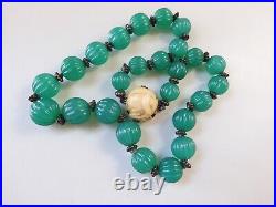 Fine Antique Chinese Melon Carved Natural Chrysoprase Necklace With Carved Clasp