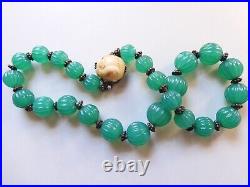 Fine Antique Chinese Melon Carved Natural Chrysoprase Necklace With Carved Clasp