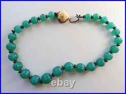 Fine Antique Chinese Melon Carved Natural Chrysoprase Necklace With Carved Clasp