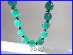 Fine Antique Chinese Melon Carved Natural Chrysoprase Necklace With Carved Clasp