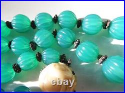 Fine Antique Chinese Melon Carved Natural Chrysoprase Necklace With Carved Clasp