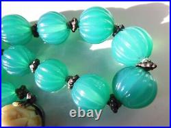 Fine Antique Chinese Melon Carved Natural Chrysoprase Necklace With Carved Clasp