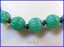 Fine Antique Chinese Melon Carved Natural Chrysoprase Necklace With Carved Clasp