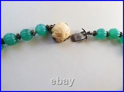 Fine Antique Chinese Melon Carved Natural Chrysoprase Necklace With Carved Clasp