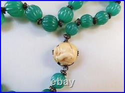 Fine Antique Chinese Melon Carved Natural Chrysoprase Necklace With Carved Clasp