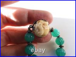 Fine Antique Chinese Melon Carved Natural Chrysoprase Necklace With Carved Clasp