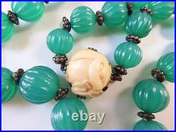 Fine Antique Chinese Melon Carved Natural Chrysoprase Necklace With Carved Clasp