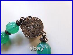 Fine Antique Chinese Melon Carved Natural Chrysoprase Necklace With Carved Clasp