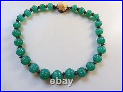 Fine Antique Chinese Melon Carved Natural Chrysoprase Necklace With Carved Clasp