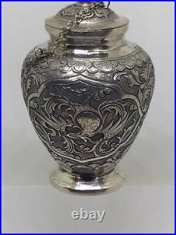 Fine Antique Chinese Solid Silver Urn Lidded Pot Box Chased Winged Bird Snail