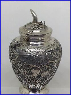 Fine Antique Chinese Solid Silver Urn Lidded Pot Box Chased Winged Bird Snail