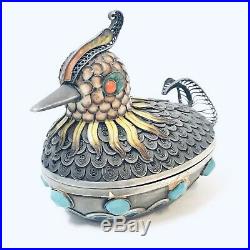 Fine Antique Chinese Sterling Silver Cloisonné Enamel Bird Form trinket Box