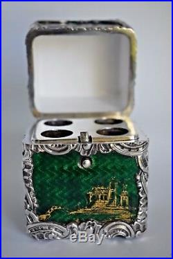 Fine Antique Enamel Chinese Chinoiserie Sterling Silver Perfume Bottle ETUI Box