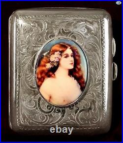 Fine British Art Deco 1922 F. H. Adams & Co Silver Erotic Enamel Cigarette Box