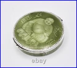 Fine CHINESE BUDDHA STERLING SILVER & GREEN GUILLOCHE ENAMEL COMPACT c1920