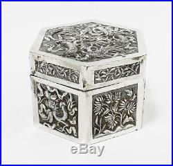 Fine CHINESE SILVER EMBOSSED HEXAGONAL BOX c1900 DRAGONS FIGURES & ANIMALS
