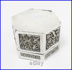 Fine CHINESE SILVER EMBOSSED HEXAGONAL BOX c1900 DRAGONS FIGURES & ANIMALS