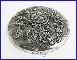 Fine CHINESE SILVER Embossed CIRCULAR BOX c1900 DRAGONS