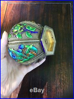 Fine Chinese Export Silver Filigree Enamel Urn Lidded Vase With Box