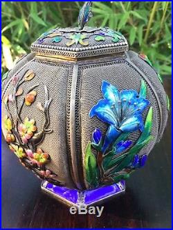 Fine Chinese Export Silver Filigree Enamel Urn Lidded Vase With Box