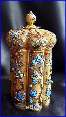 Fine Chinese Silver Filigree Jeweled & Enamel Birds on Branches Tea Caddy Box